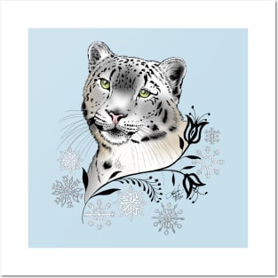 Snow Leopard & Snowflakes Posters and Art